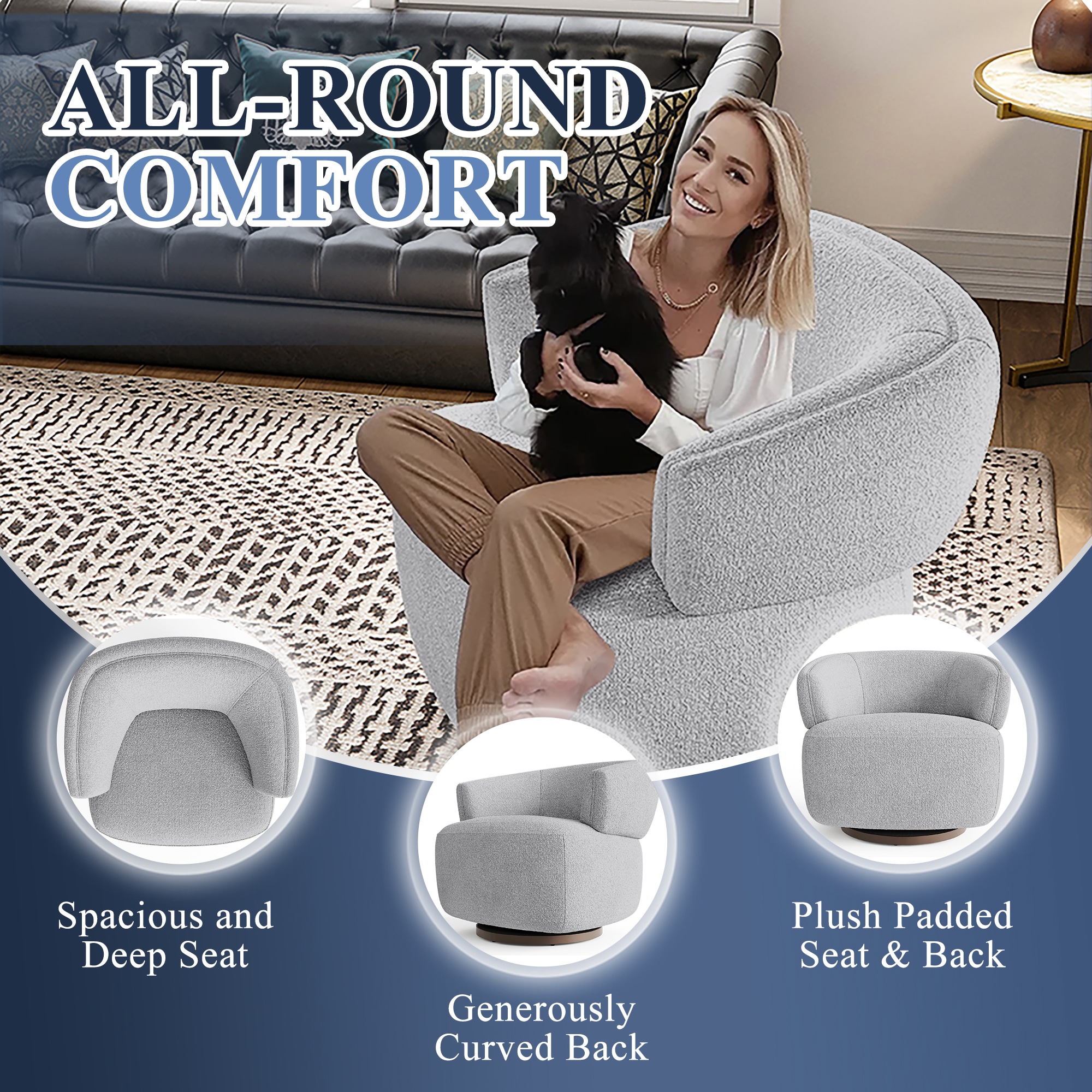 Modern Round Swivel Armchair With Solid Wood Frame In Grey_voghion.com